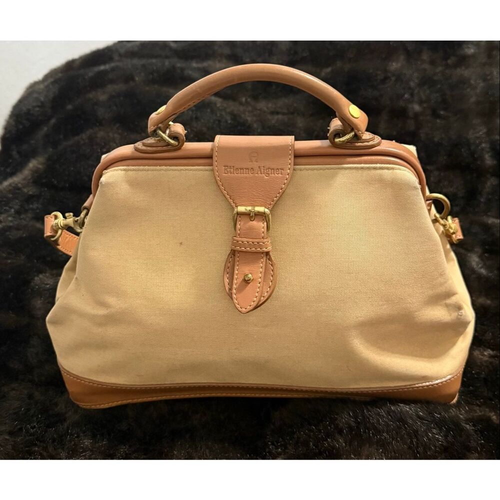 Etienne Aigner doctor-style bag purse  tan canvas and brown leather trim